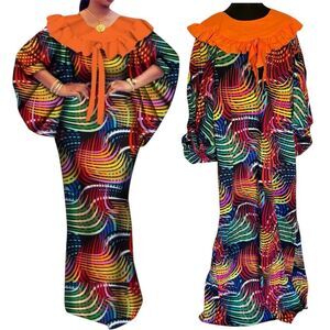 Afrilisco Vintage Vibrant Multicolor Long Sleeve Dress with Orange Ruffle XL